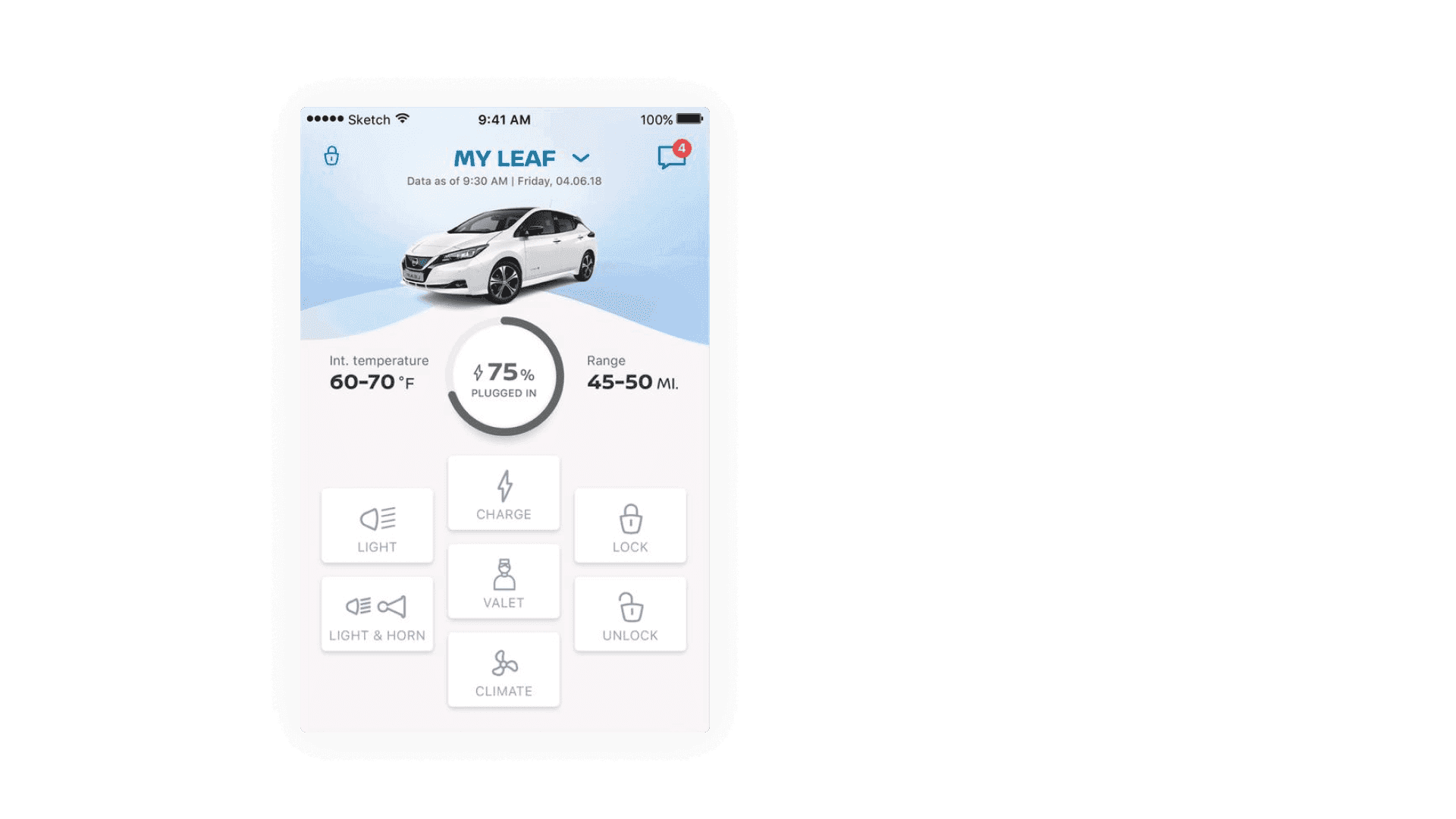 Prototype of the Nissan Leaf application on the home screen